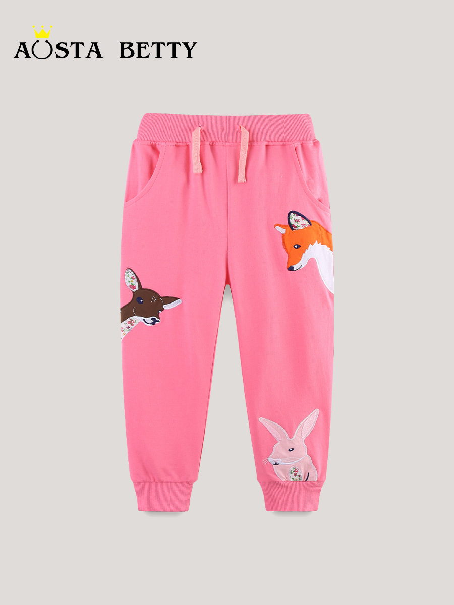 Estilo europeo y americano pantalones de niñas otoño nuevo animal pegatinas bordadas pantalones de algodón de punto pantalones deportivos para niños