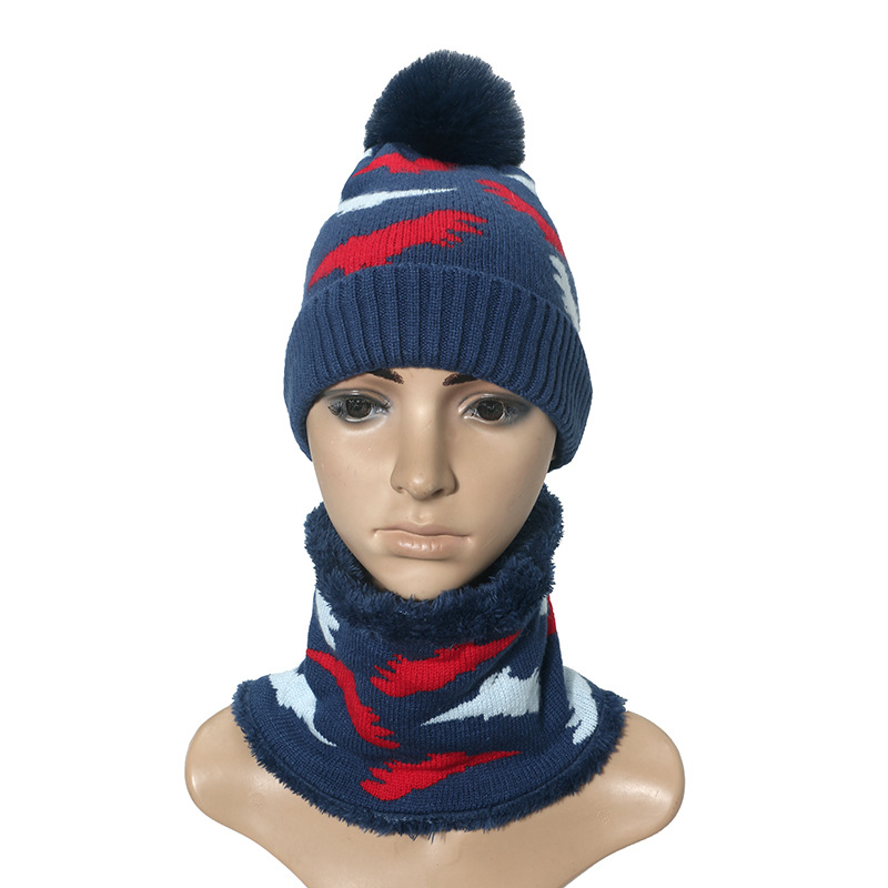Winter kids' hat & scarf set with a cute dinosaur in Grey, Blue, White, Hidden Green