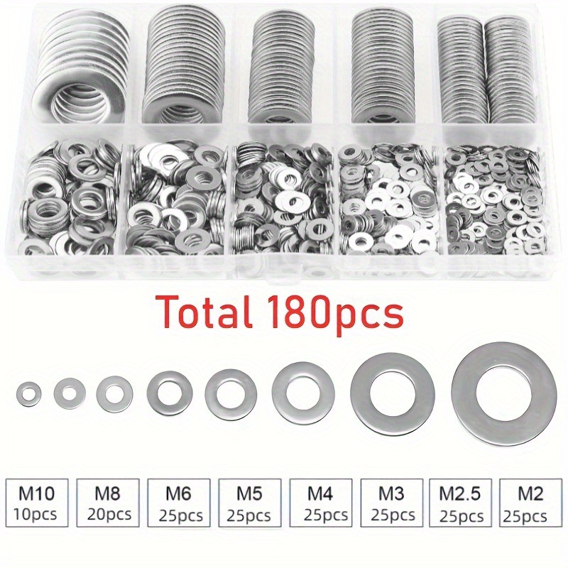 180pcs垫片盒装 平垫圈M2-M10尺寸 耐用易安装