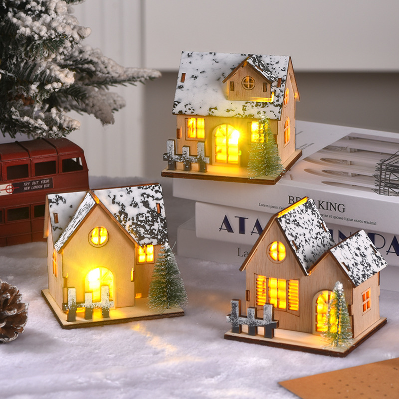 クリスマスオーナメント クリスマスデコレーション 発光キャビン LED木製クリスマスハウス クリスマスデスクトップオーナメント|undefined