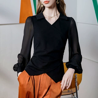 POLO领时髦上衣女欧美范交叉设计2024春季新款网纱灯笼袖长袖小衫