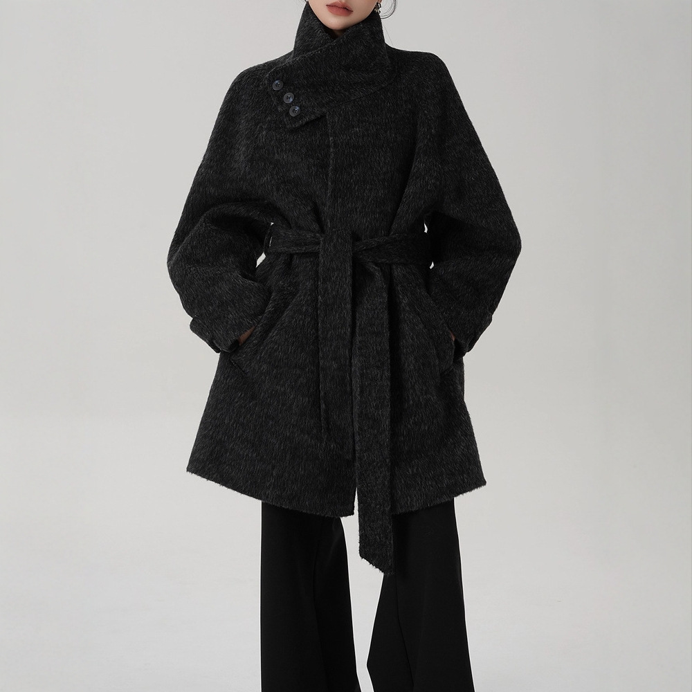 Yuejuxing Elegant and High-End Mid-Length Loose Stand-Up Collar Wool Outwear Woolen Outwear Autumn and Winter New Style for Women