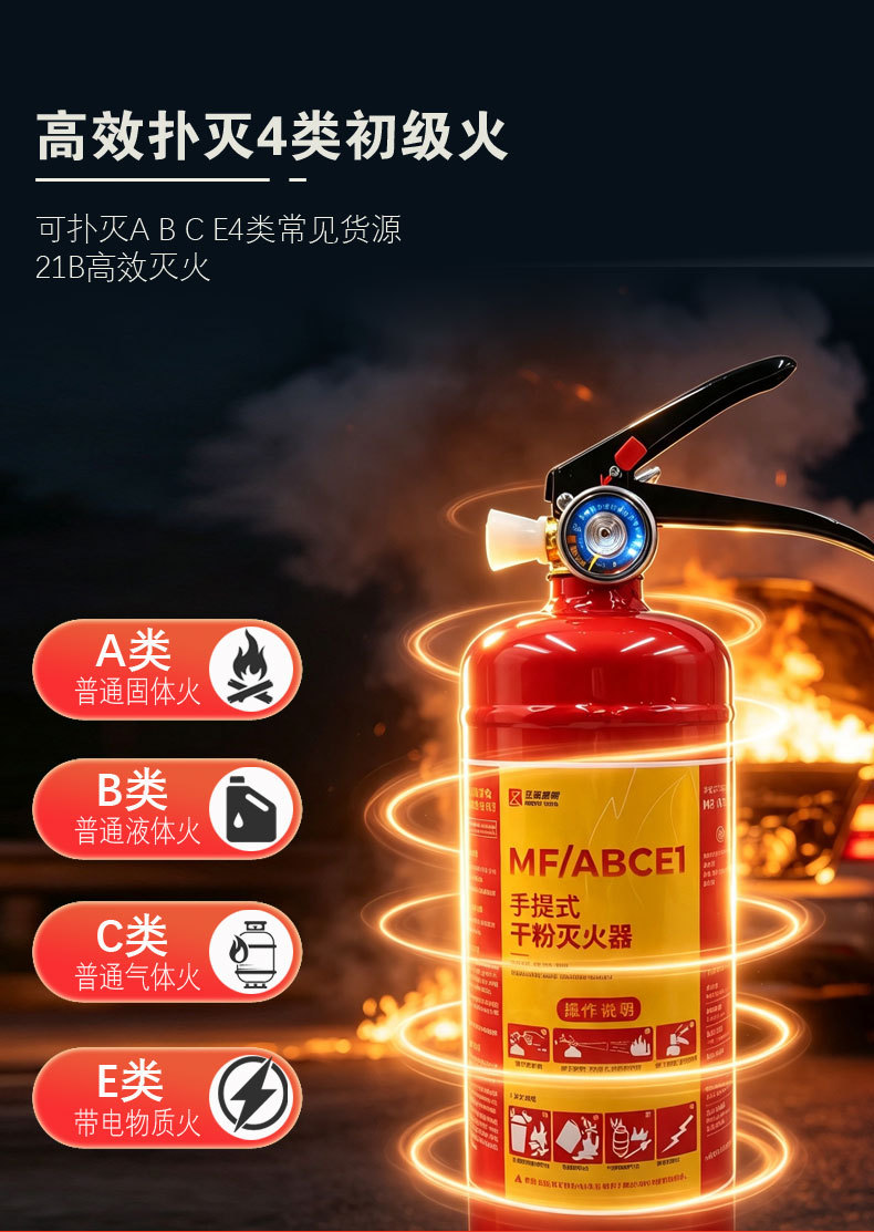 Portable 1kg dry powder fire extinguisher for car and home use, certified for regular fire inspection and annual review