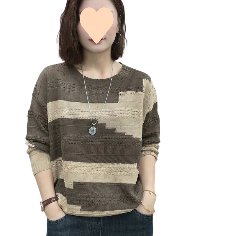 2025圆领拼色拼接新款时尚打底洋气针织衫女长袖宽松百搭上衣春秋|undefined
