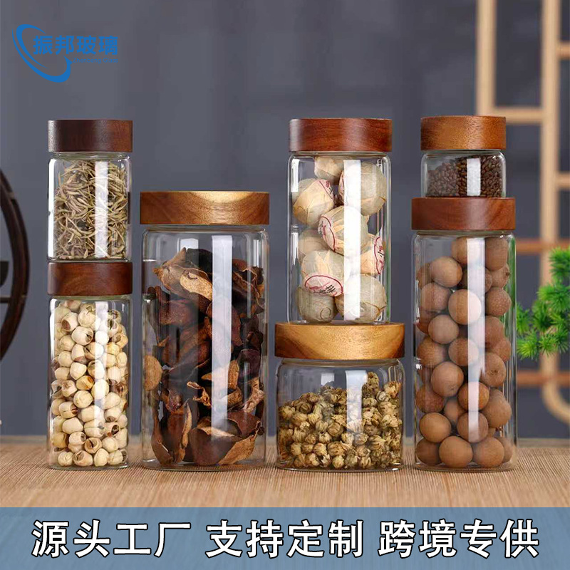 Acacia Wood Lid Storage Jar Glass Sealed Jar Kitchen Grain Storage Jar Coffee Bean Sealed Jar