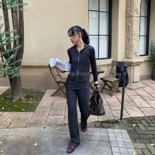 【FEI】极简假两件垂感微喇休闲裤女韩系百搭高腰显瘦长款裤子