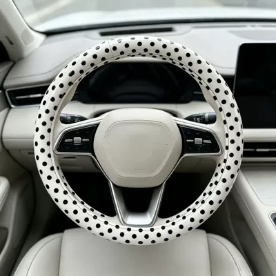 Cross-Border Amazon Wholesale Car Steering wheel cover - pu-leather-white-base-black-polka-dots-universal-style-38cm