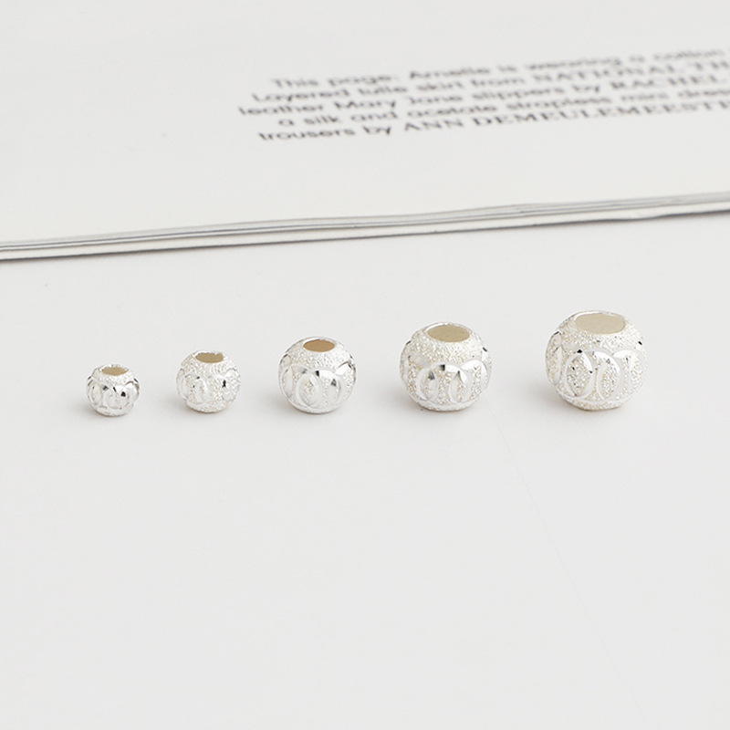 s925銀磨砂車花珠DIY手工串珠散珠手鍊圓珠配件滾錢轉運珠隔珠