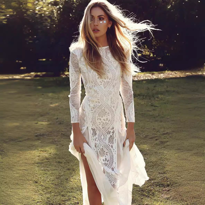 European and American Women's Dress Round Neck Long Sleeve Hollow Backless Lace Celebrity Banquet Wedding Dress European and American Women's Dress Round Neck Long Sleeve Hollow Backless Lace Celebrity Banquet Wedding Dress