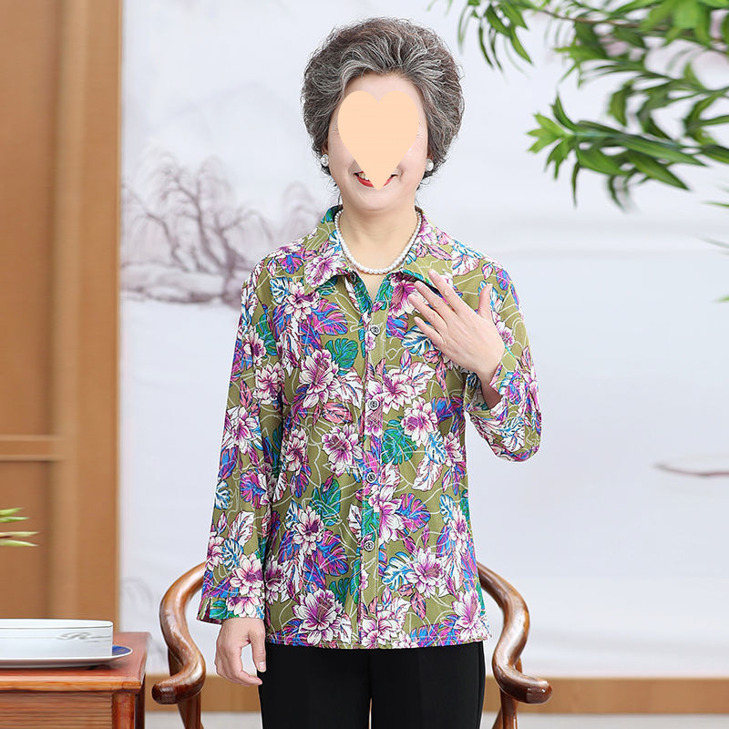 中高年の婦人服の薄い氷のシルクのシャツの長袖の女性の夏の新型のおばあさんはゆったりとしたカジュアルな大きいサイズの上着を詰めます。|undefined