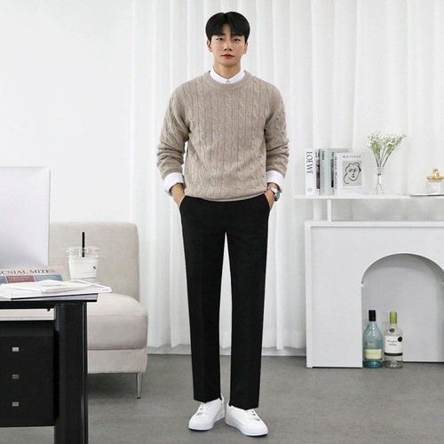 MYQ Round Neck Cable Knit Sweater for Men Autumn/Winter Korean Version Fashion Business Loose Hooded Topcoat for Layering