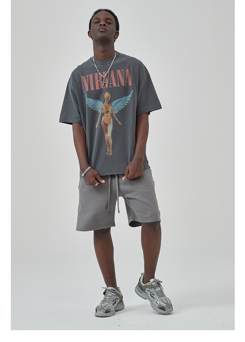 Erkek Yeni Yıkama Eski Rock Grubu Baskılı Kısa Kollu Sokak Modası Marka Yuvarlak Yaka Tişört_voghion.com