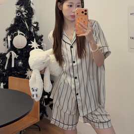 夏季冰雪丝条纹睡衣女翻领开衫短袖短裤休闲家居服套装