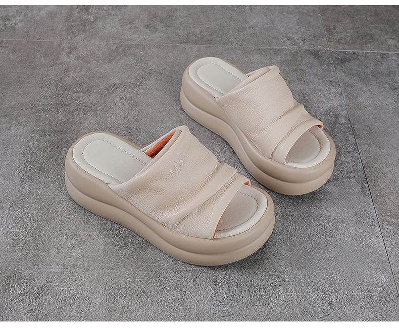 Dép sandal nữ đế xuồng cao gót da bò thật — màu be chi tiết 13