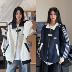 美式学院风外套秋季新款条纹三条杠设计开衫卫衣帅气夹克男女同款