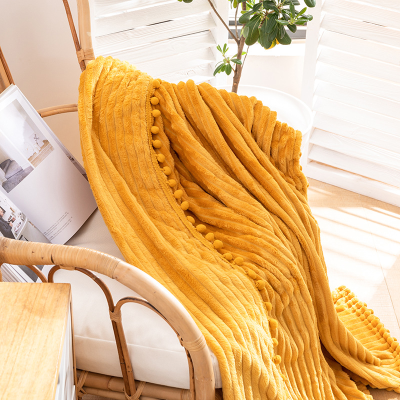 striped tassel ball blanket draw a blanket magic velvet solid color flannel office nap blanket_voghion.com