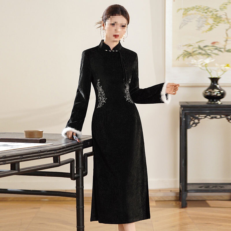 New Chinese Style Cheongsam Autumn Improved Embroidery Stand Collar Waist Slimming Tea Chenille Dress Tea Suit