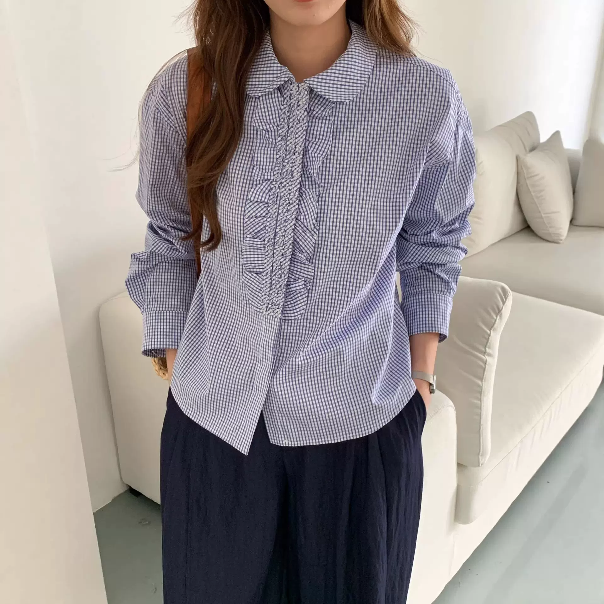 韩版复古格子衬衫女宽松大翻领褶皱花边设计感长袖衬衣百搭上衣