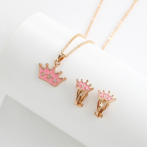 Cross-border new children's necklace and earring two-piece jewelry set cartoon crown pendant alloy drip oil decoration wholesale