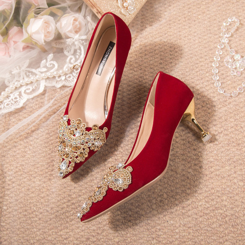 Rhinestone flower wedding shoes  new bridal shoes wedding dress two-wear design niche stiletto high heels women's single shoes