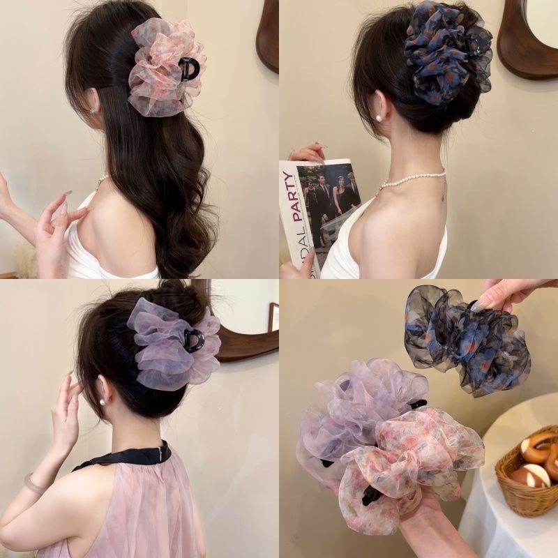 雰囲気のある花柄ヘアクリップ女性用 2025 新しいオーガンザ特別な色優しいレトロな後頭部気質ヘアクリップ|undefined