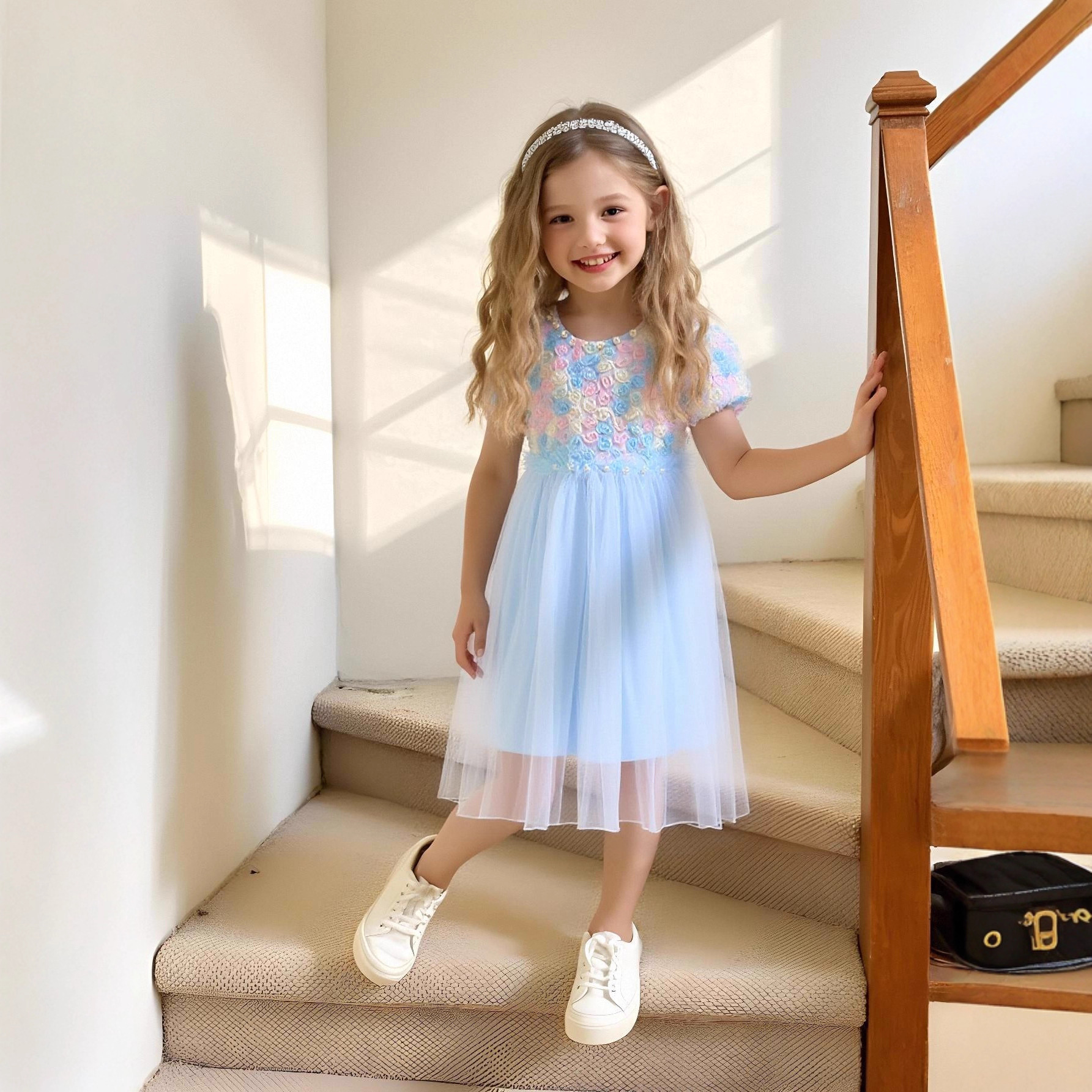 Girls Princess Skirt Summer Korean Style Little Girl Puff Sleeve Flower Dress Baby Girl Dress Gauze Skirt