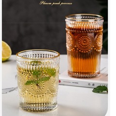 復古浮雕金邊玻璃杯子 ins創意太陽花水杯茶杯果汁啤酒咖啡杯禮品
