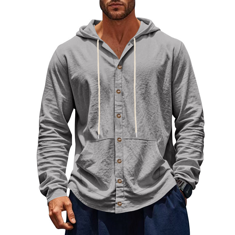 Monochrome Man – Lässiges, amerikanisches Leinenhemd für Herren im Frühlings- und Herbststil mit Kapuze und langen Ärmeln – ideal für Strand und Freizeit._voghion.com