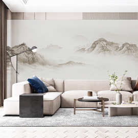 新中式山水画电视背景墙壁纸沙发墙墙布墙纸客厅壁画古典国画壁布
