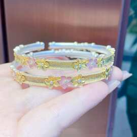 描金福字手镯女实心古法描金开口镯子樱花梅花手镯昭富寓直播爆品
