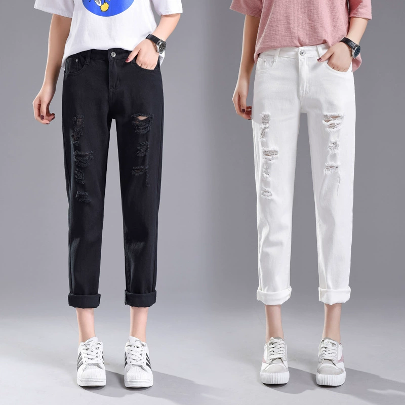 Фактический снимок 190 # Новый сезон, рваные джинсы, женские брюки с девятью точками, тонкие свободные брюки-карандаш в корейском стиле, шаровары