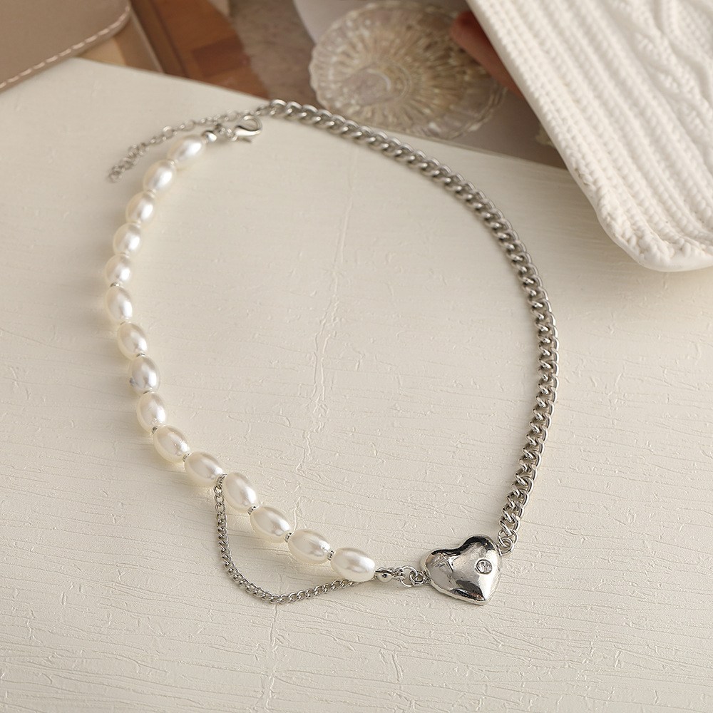new retro pearl simple stitching pearl chain heart pendant necklace