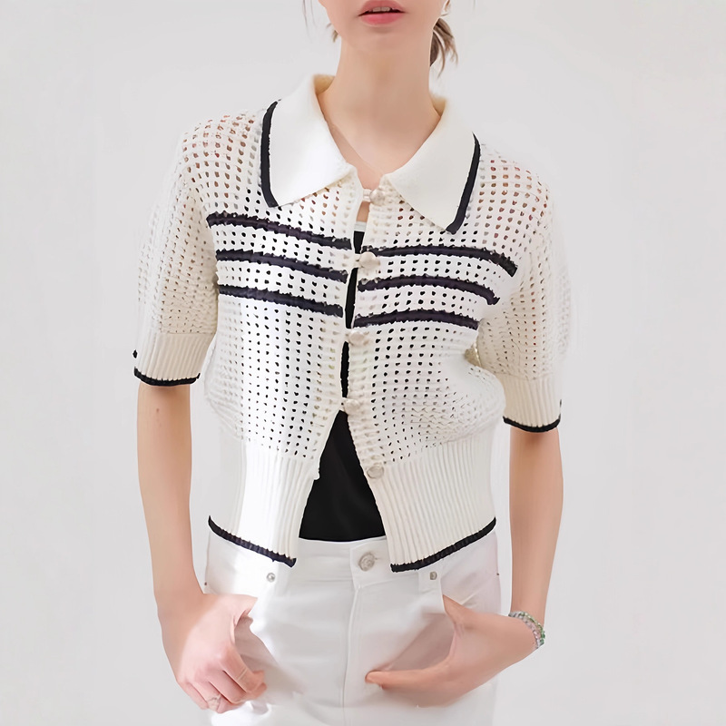 Amazon's Cross-Border Best-Selling Women's Striped Knitted Lace Semi-Transparent Button-Front Short-Sleeved Spring and Summer Top