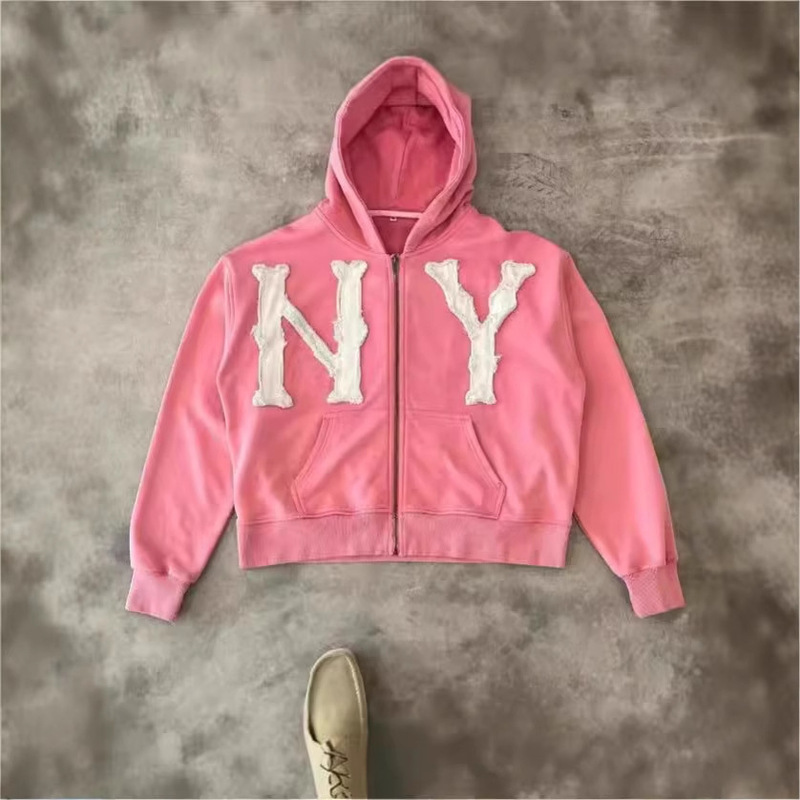 ヨーロッパとアメリカの新 2024 春と秋のファッションレター刺繍パッチフード付きカーディガンジッパールーズ男性と女性のスウェットシャツジャケット|undefined