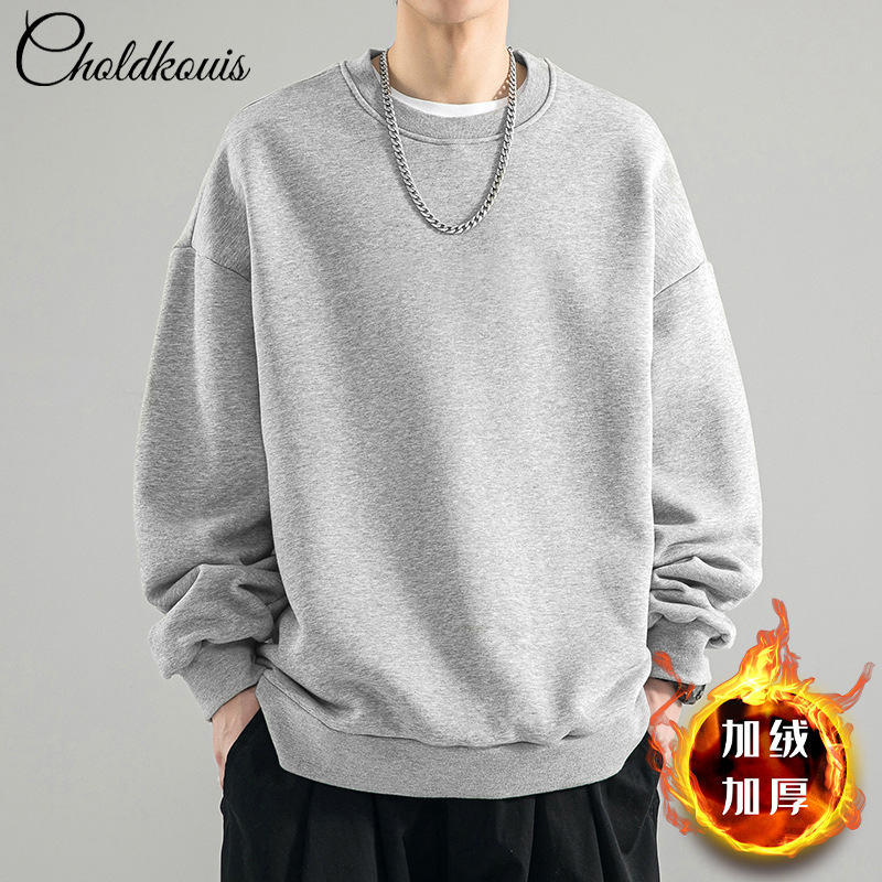 벨벳 스타일의 라이트 그레이 라운드넥 스웨트셔츠 - 솔리드 컬러 [GL]