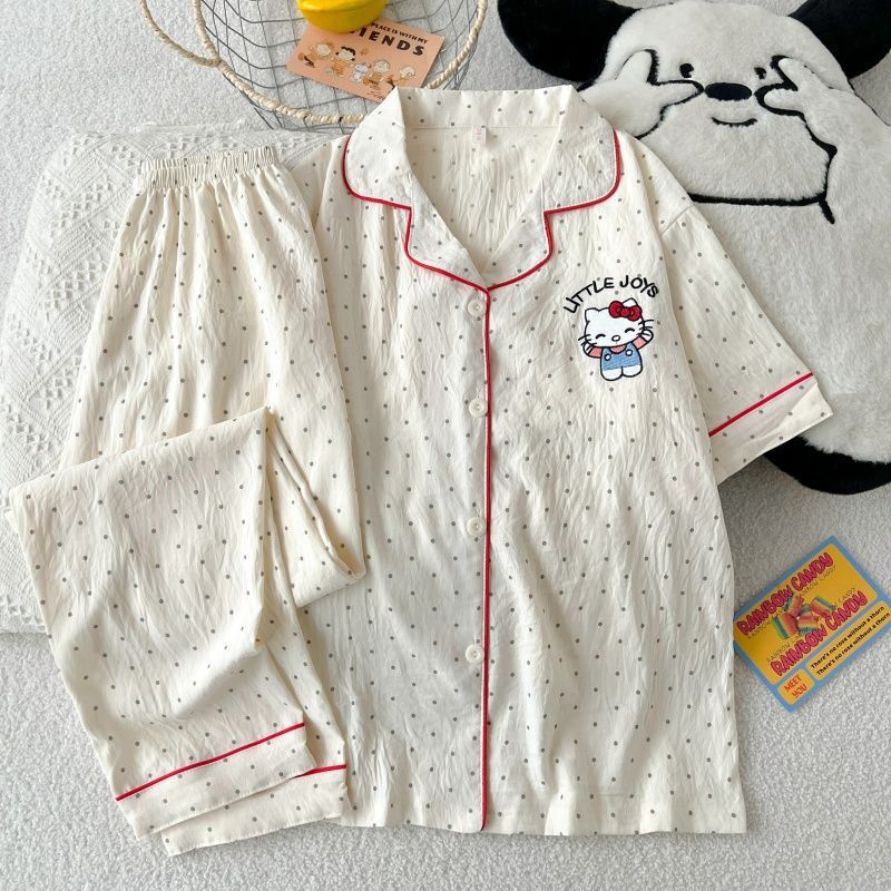 Cross-Border Wholesale Summer Cloud Cotton Pajamas for Women, Short-Sleeved Long Pants, Cardigan, Lapel, Home Wear, Cute Cartoon Design, Can Be Worn Outside