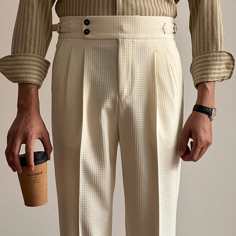 Light Apricot Straight Naples High Waist Pants Summer High Quality High-Value Waffles Double Pleated Casual Pants for Men Light Apricot Straight Naples High Waist Pants Summer High Quality High-Value Waffles Double Pleated Casual Pants for Men