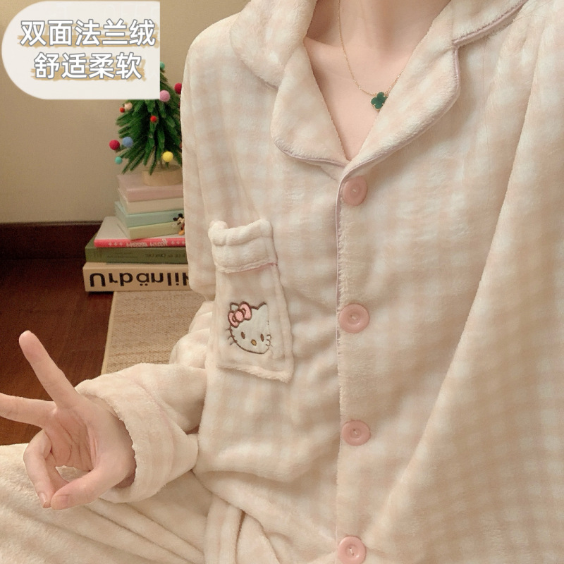 Invierno mayorista transfronterizo de terciopelo engrosado cardigan coral terciopelo franela pijamas de mangas largas de mujer set de ropa para el hogar