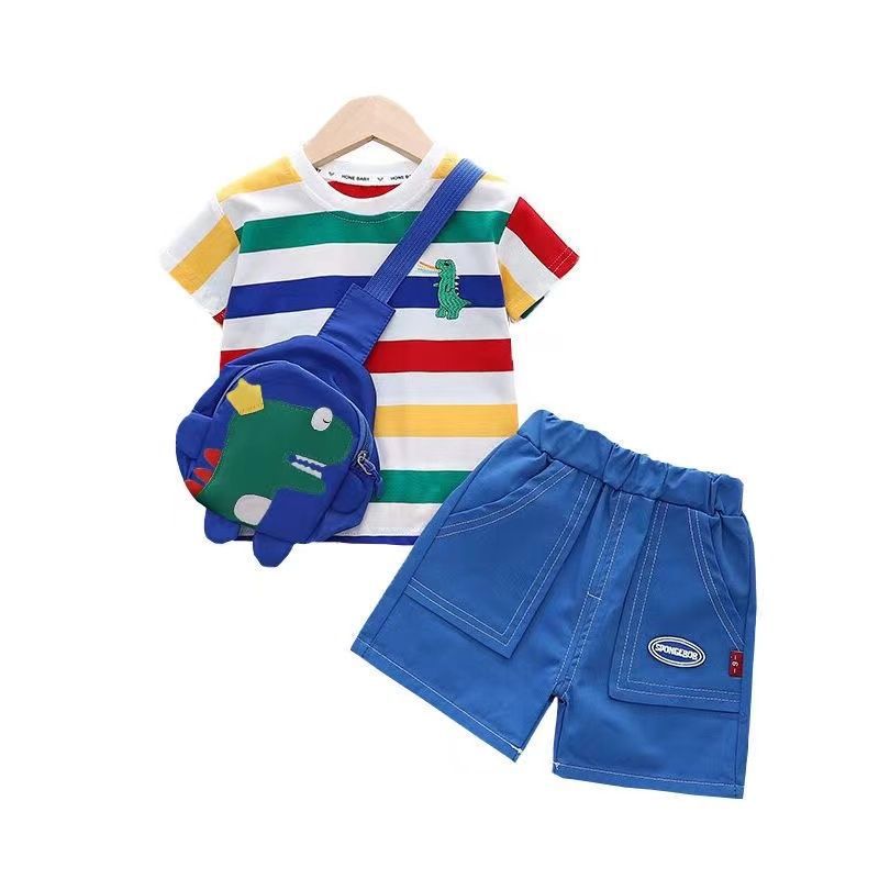 Children's Summer Stripesd Cotton T-Shirt Suit Boys and Girls Pullover Short-Sleeved Shorts Two-Piece Set Pure Cotton Comfortable