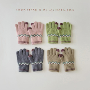 One Pan Children's Gloves South Korea Fashion Autumn and Winter Five-Finger Knitted Warm Cold-proof Retro Pattern Warm Gloves