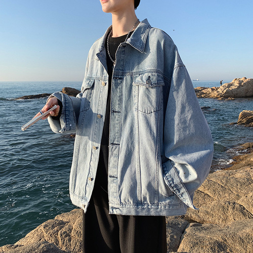 Men's denim jacket trendy loose Hong Kong style Instagram cool punk design sense top spring and autumn Hong Kong style chic retro workwear