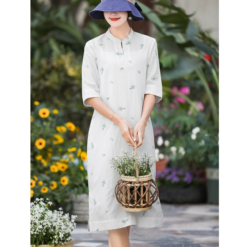 Летнее Новое Оригинальное женское платье из тяжелого льна с вышивкой, китайское платье, юбка средней длины