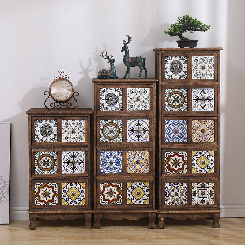 Vintage painted cabinet with solid wood drawers, multi-layer storage cabinet for living room, American-style balcony shelf, wall-mounted