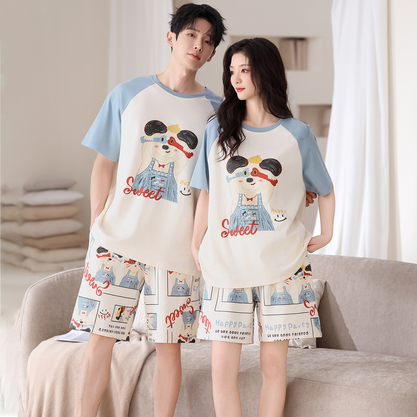 Ins Style Cartoon Short-sleeved Shorts Couple Pajamas Summer Outwear Teenagers Women and Men Loose Casual Home Clothes