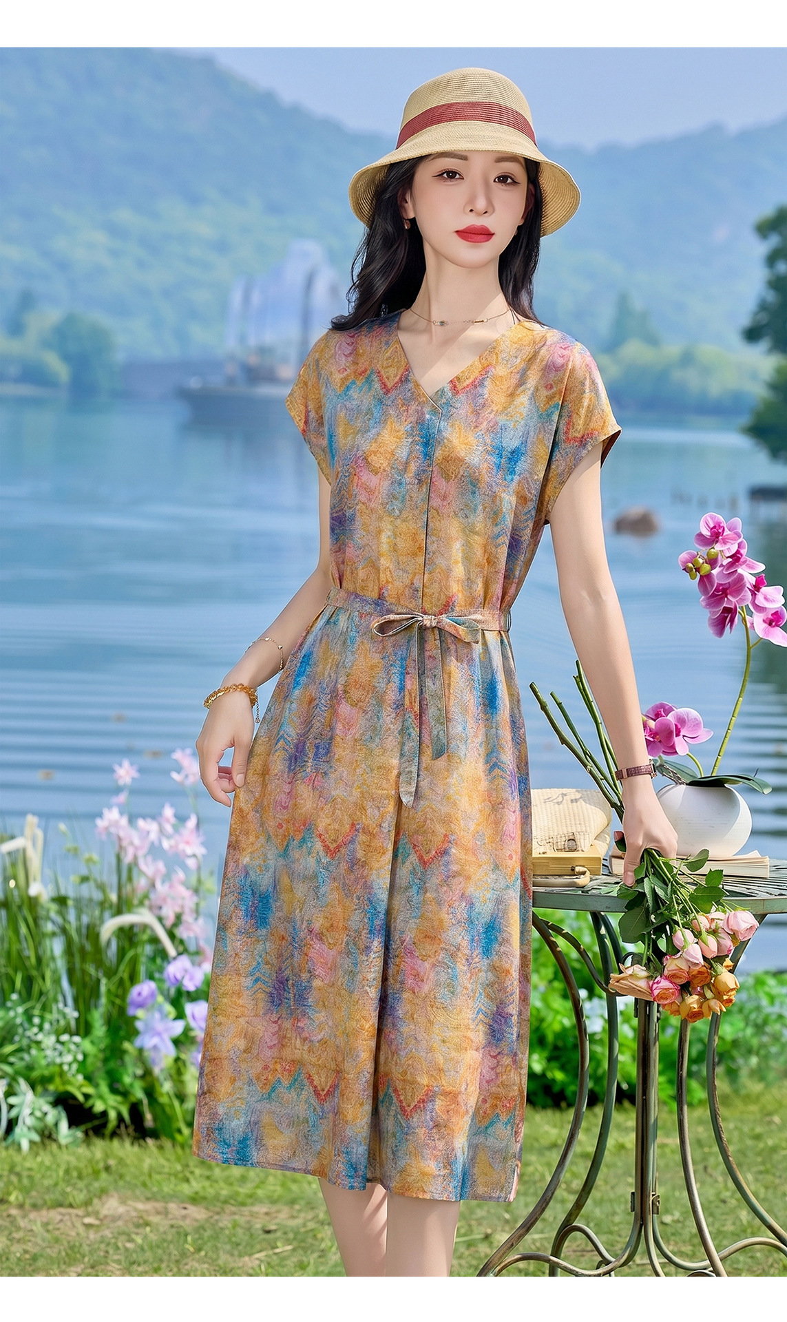 Đầm maxi nữ V cổ thắt eo họa tiết hoa nhí — xanh lam, màu vàng, màu đỏ chi tiết 21
