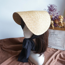 法式复古优雅萝莉日系黑色一片式系带麦秆草帽女夏季遮阳度假写真