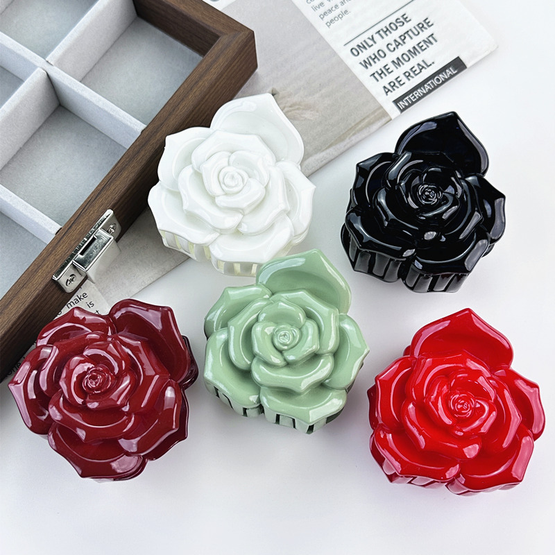 Amazon Design Retro Stereo Rose Flower Clip for Women Ankora Red Jelly Color Hair Clip Small Shark Clip