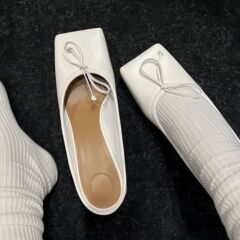 高級感牛皮版～方頭蝴蝶結穆勒半拖鞋女懶人包頭平底後空單鞋