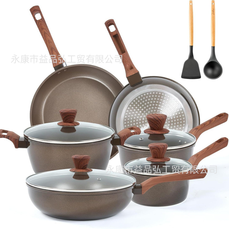 Venta caliente transfronteriza Imitación de aluminio Fundición a presión Juego de sartén antiadherente Juego clásico de 11 piezas Sartén Wok Juego de olla de sopa Cocina de inducción universal