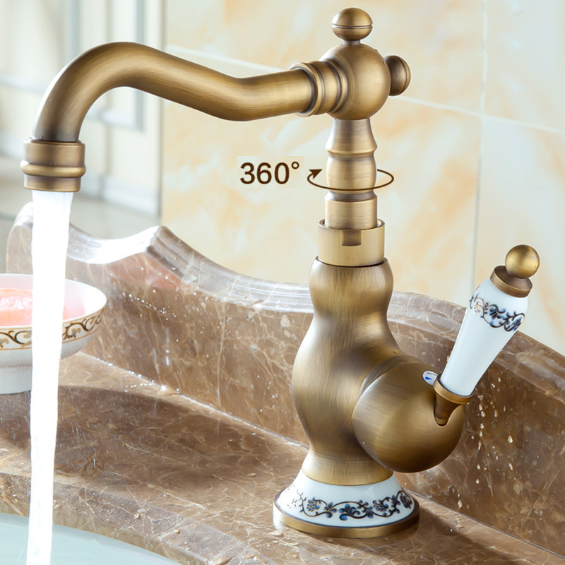 Wholesale Blue and White Porcelain European Antique Basin Basin Hot and Cold Faucet All Copper Retro Kitchen Faucet Rotatable